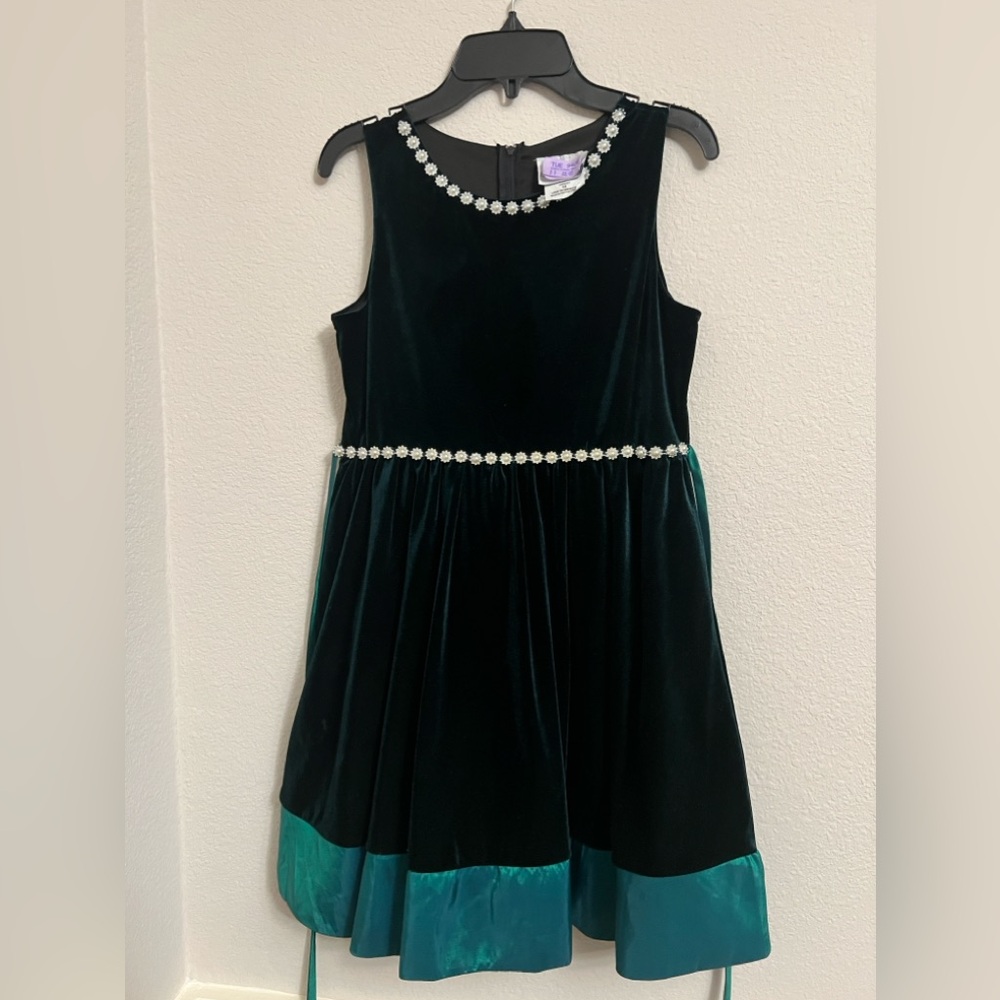 Rare Editions Girls Green Velvet Dress with pearls Size 14 Girls EUC